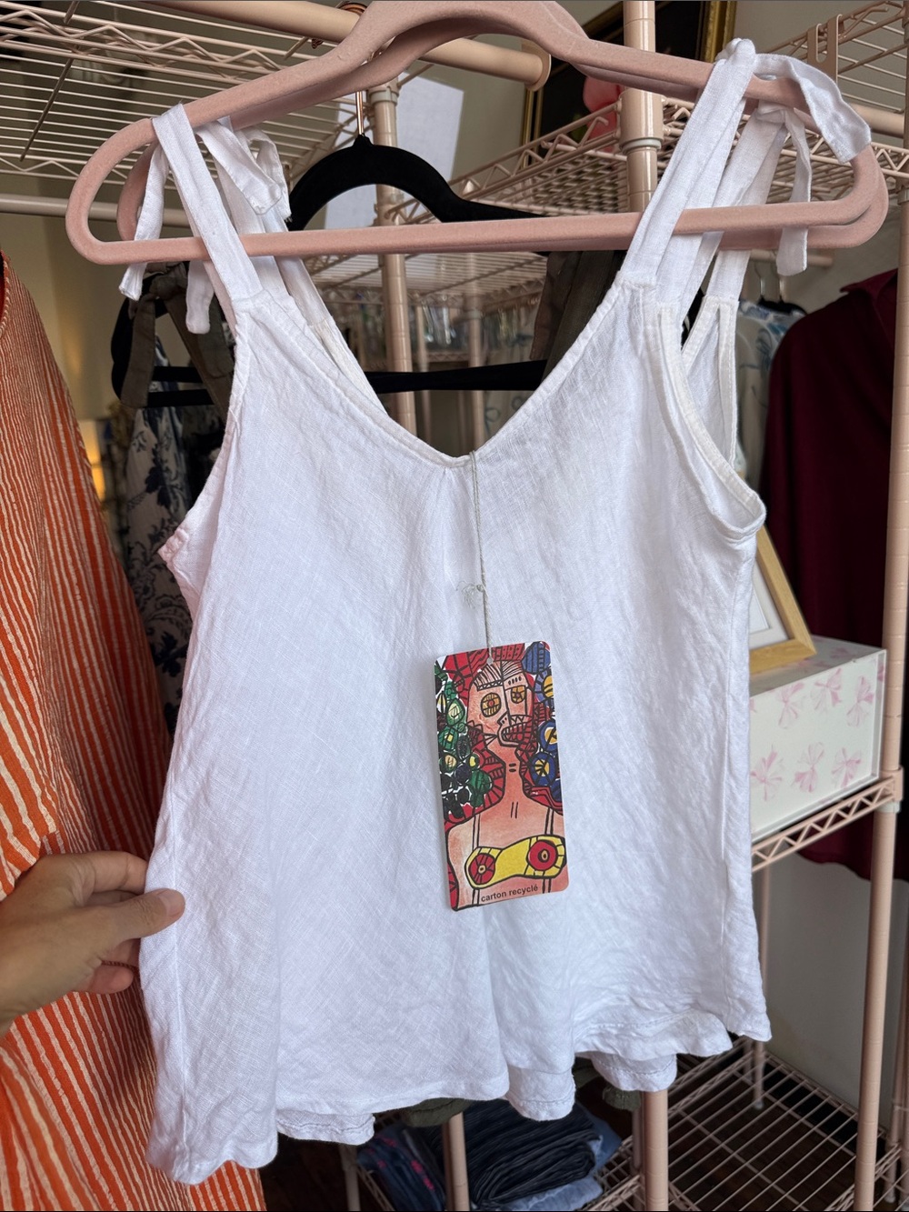 Women’s White Tie-Strap 100% Italian Linen Tank Top - Lightweight Summer Layer
